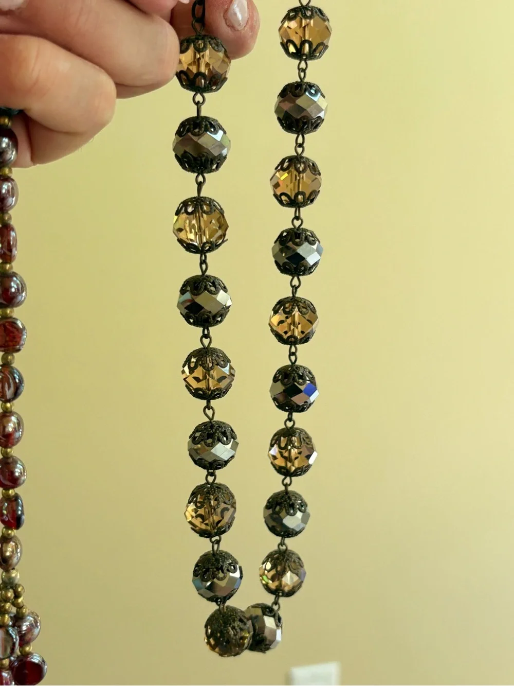Vintage Vendome Large Filigree Faceted Mirror Crystal Bead Necklace - Brown/Gold